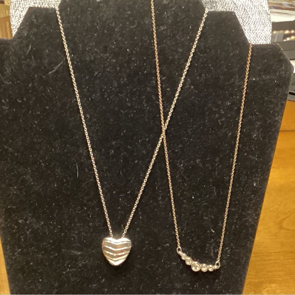 Two  Necklaces Silvertone Chain w/Heart and Coppertone Chain with Faux Crystals